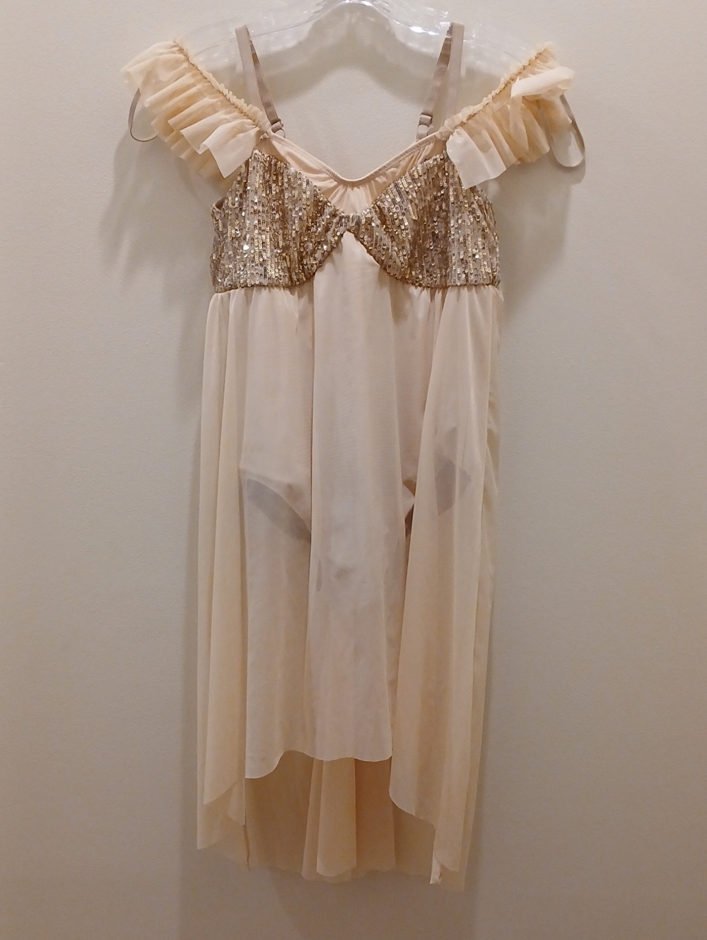 Revolution Dancewear Sheer Champagne Sequin Off-Shoulder Dress XXLC